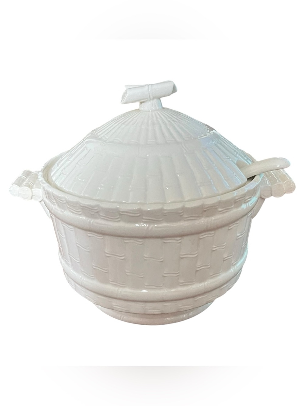 Vintage White Ceramic Bamboo Tureen Server w/Ladle